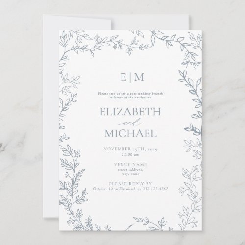 Leaf Dusty Blue Monogram Post Wedding Brunch Invitation