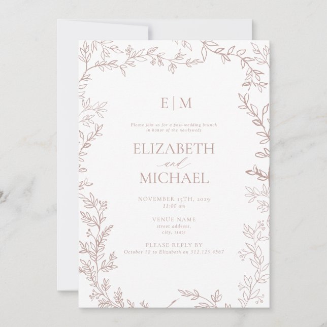 Leaf Dusty Rose Monogram Post Wedding Brunch Invitation (Front)