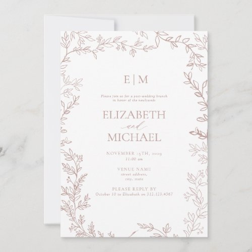 Leaf Dusty Rose Monogram Post Wedding Brunch Invitation