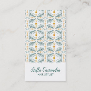 Leaf Feather Modern Tile Pattern Green Gold Business Card