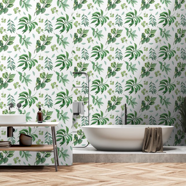 Leaf foliage greenery woodland forest green white wallpaper  (Bathroom)