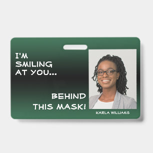 Leaf Green & Black Ombre Smiling Hello Behind Mask Badge