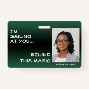 Leaf Green & Black Ombre Smiling Hello Behind Mask Badge