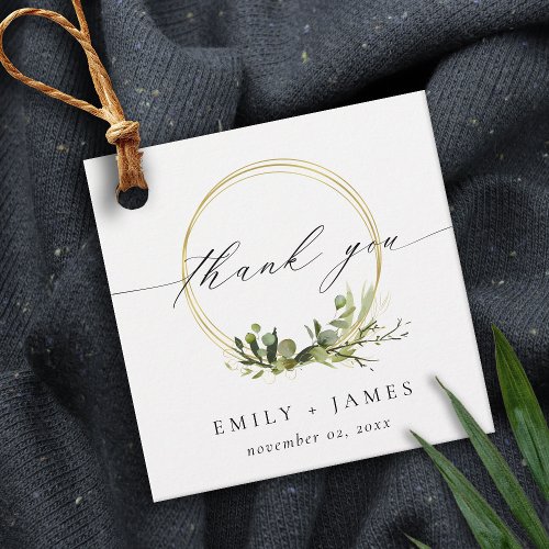LEAF GREEN GOLD FOLIAGE WATERCOLOR WEDDING THANKS FAVOR TAGS