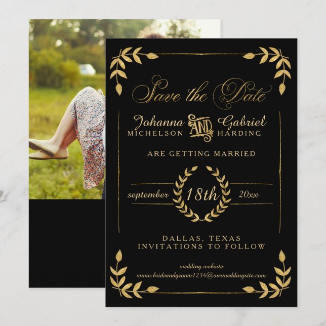 Leaf Greenery Gold Black Save the Date Photo (Front/Back)