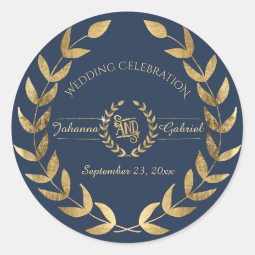 Leaf Greenery Wreath Navy Gold Wedding Celebration Classic Round Sticker