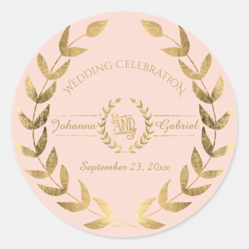 Leaf Greenery Wreath Pink Gold Wedding Celebration Classic Round Sticker