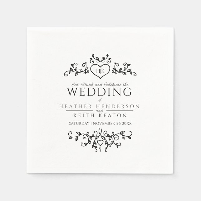 Leaf heart art monogram black and white wedding napkins (Front)