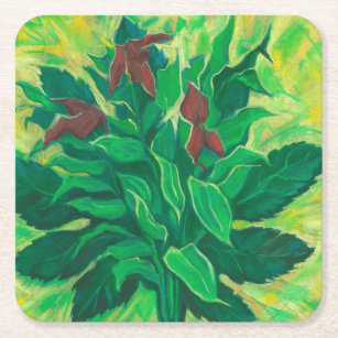 Leaf, Leaves and Orchids, Floral Art Painting Square Paper Coaster