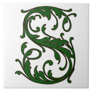 Leaf Letter S in Green Monogram Tile