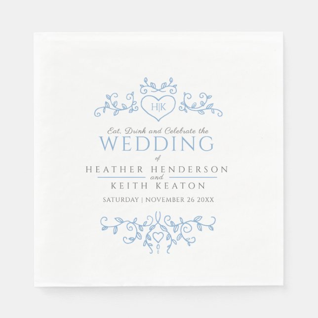 Leaf line art heart monogram blue white wedding  napkins (Front)