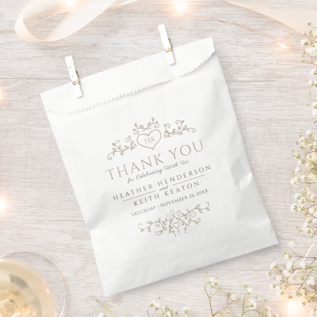 Leaf line art heart monogram tan wedding thank you favor bag (Clipped)