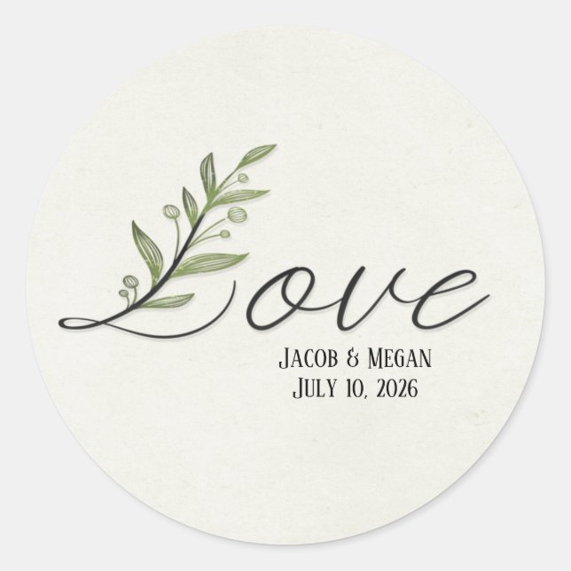 Leaf Love text wedding day Classic Round Sticker (Front)