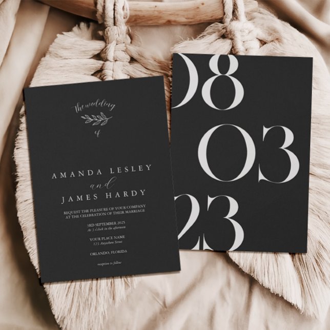 Leaf Minimalist Elegant Black & White Wedding Invitation (Creator Uploaded)