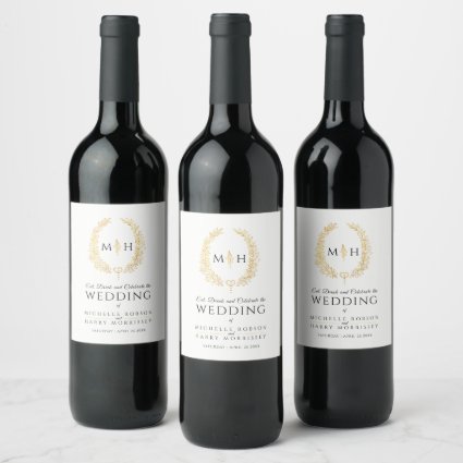 Leaf monogram art black and gold wedding wine label