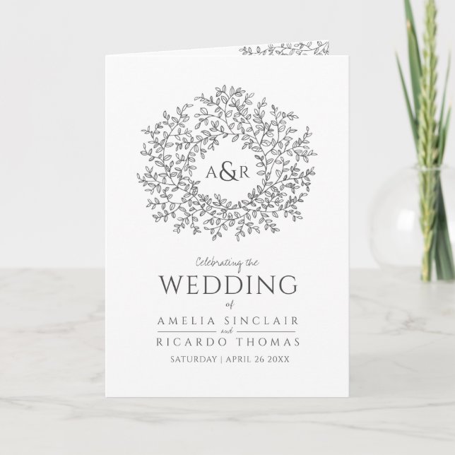 Leaf monogram art dark gray white wedding program (Front)