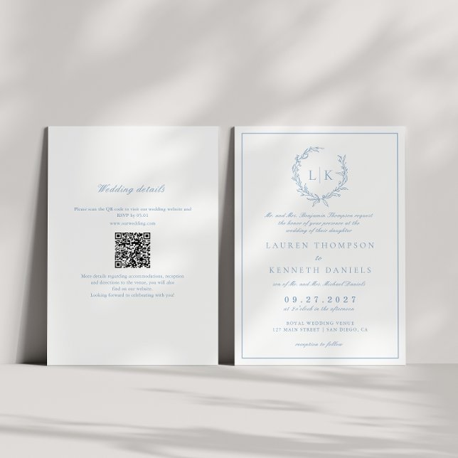 Leaf Monogram Crest Dusty Blue QR Code Wedding Invitation (Creator Uploaded)