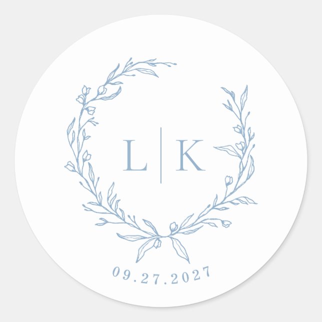 Leaf Monogram Dusty Blue Wedding Classic Round Sticker (Front)