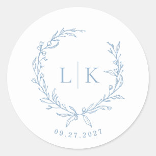 Leaf Monogram Dusty Blue Wedding Classic Round Sticker