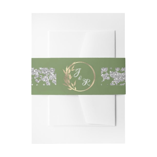 Leaf Monogram & Glitter on Sage Invitation Belly Band (Front Example)