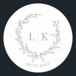 Leaf Monogram Sage Green Wedding Classic Round Sticker<br><div class="desc">Elegant sage green leaf monogram crest wedding sticker.</div>