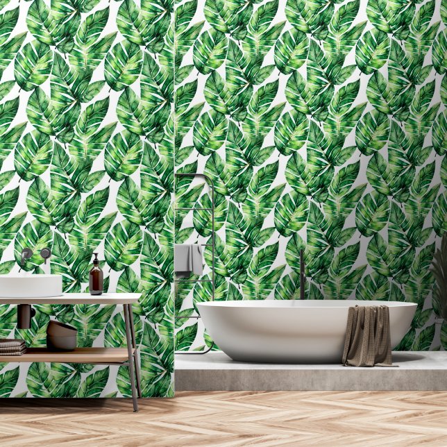Leaf monstera evergreen pattern jungle foliage spa wallpaper  (Bathroom)