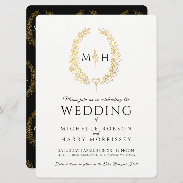 Leaf oval line art wedding black and gold on white invitation (Front/Back)