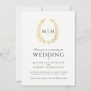Leaf oval line art wedding black and gold on white invitation