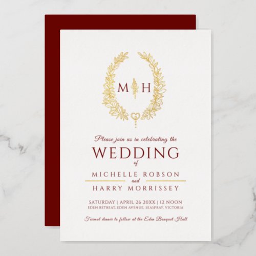 Leaf oval line art wedding burgundy red gold foil  foil invitation