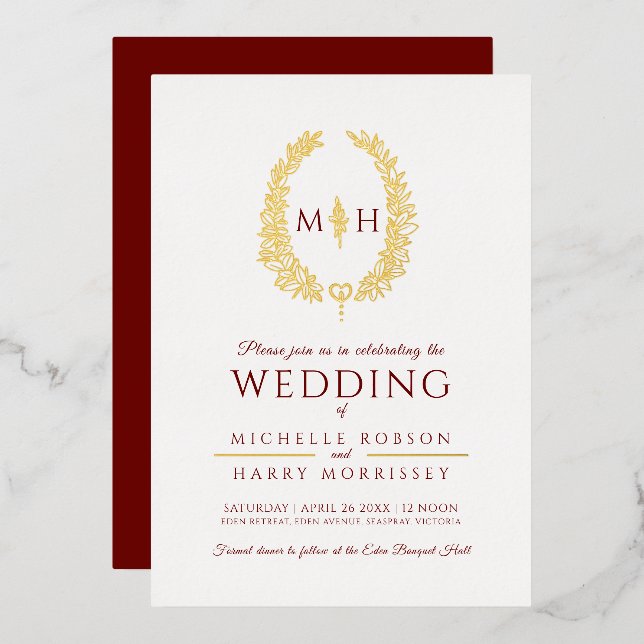 Leaf oval line art wedding burgundy red gold foil  invitation (Front/Back)