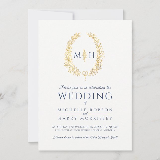 Leaf oval line art wedding dark blue gold white invitation (Front)