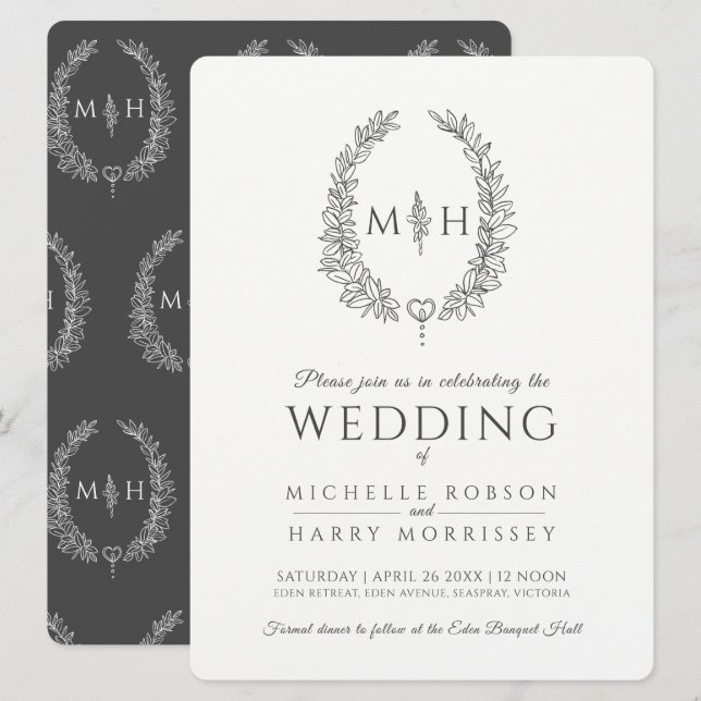 Leaf oval line art wedding dark gray and white invitation (Front/Back)