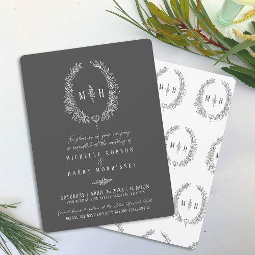 Leaf oval line art wedding dark gray and white  invitation