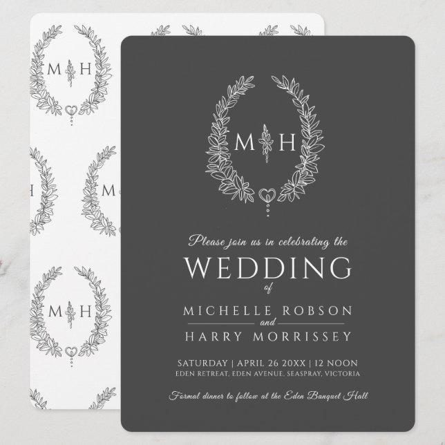 Leaf oval line art wedding dark gray and white invitation (Front/Back)