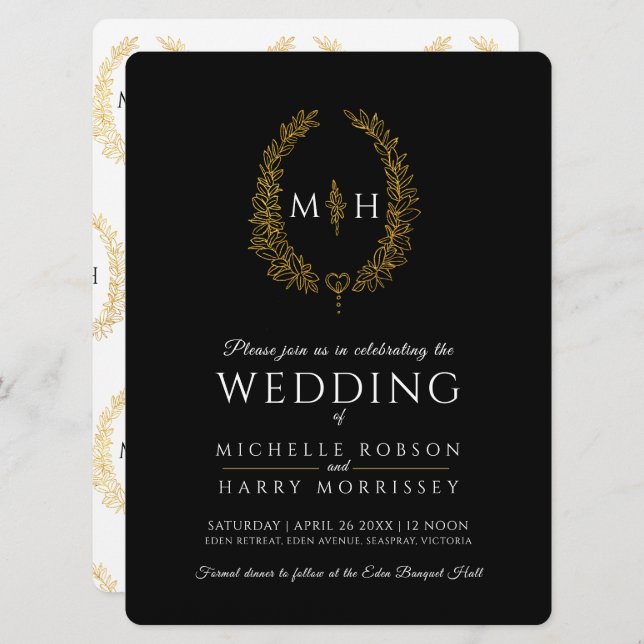Leaf oval line art wedding gold black and white invitation (Front/Back)