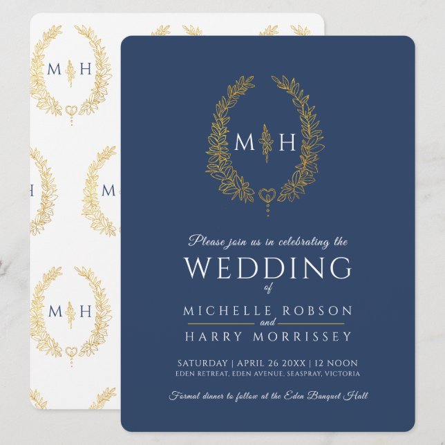 Leaf oval line art wedding gold navy blue white invitation (Front/Back)