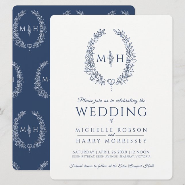 Leaf oval line art wedding navy blue and white invitation (Front/Back)