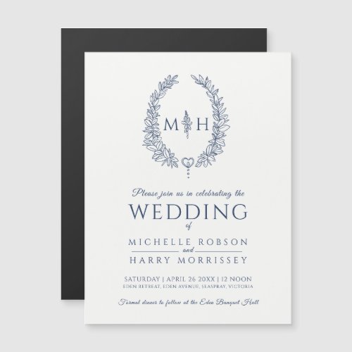 Leaf oval line art wedding navy blue and white magnetic invitation