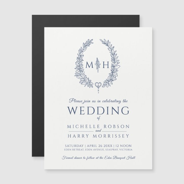 Leaf oval line art wedding navy blue and white magnetic invitation (Front/Back)