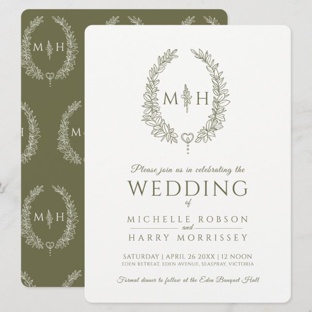 Leaf oval line art wedding olive green and white invitation (Front/Back)