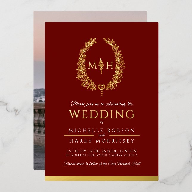 Leaf oval line art wedding photo burgundy red gold foil invitation (Front/Back)
