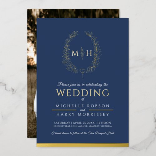 Leaf oval line art wedding photo dark blue gold foil invitation