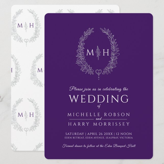 Leaf oval line art wedding silver purple and white invitation (Front/Back)