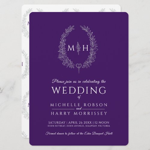 Leaf oval line art wedding silver purple and white invitation