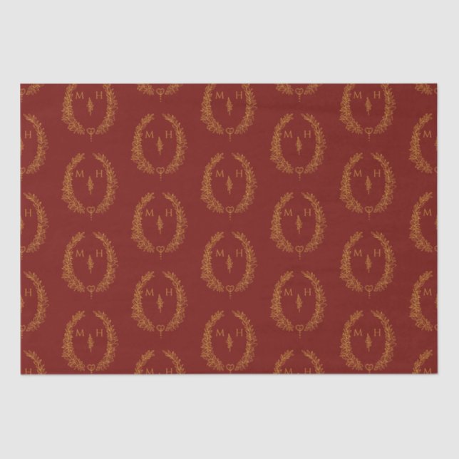 Leaf oval monogram drawing dark red gold wedding tissue paper (Front)