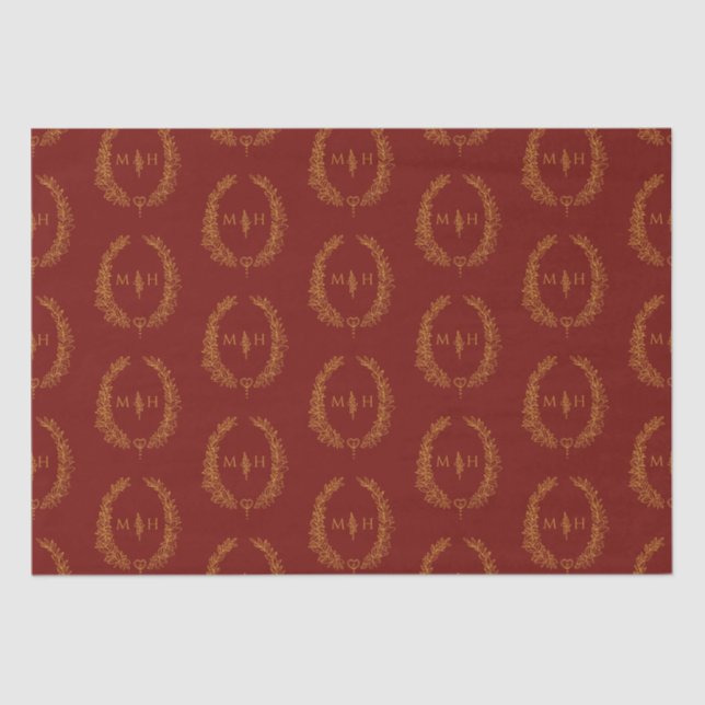 Leaf oval monogram drawing dark red gold wedding tissue paper (Front)