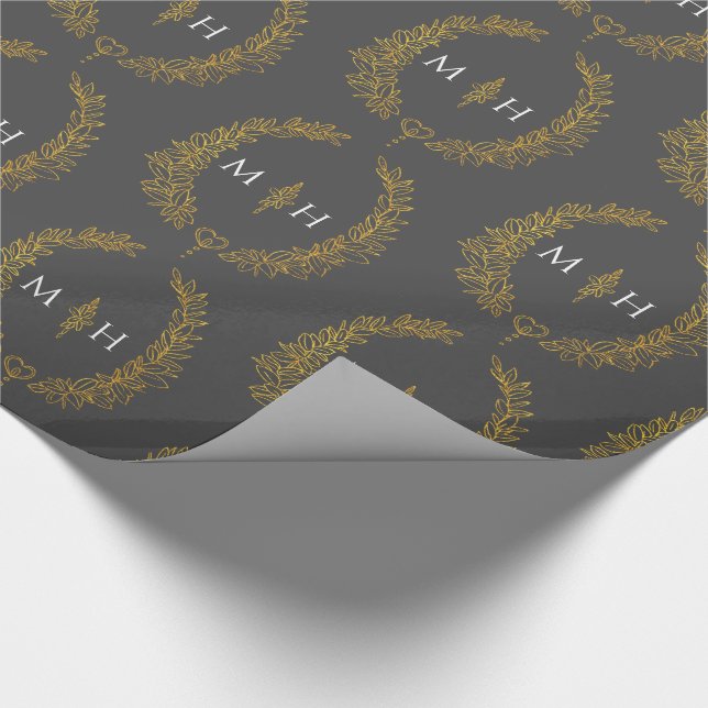 Leaf oval monogram drawing gold on dark gray wrapping paper (Corner)