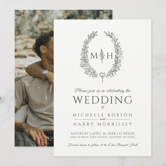 Leaf oval wreath wedding charcoal gray white photo invitation (Front/Back)