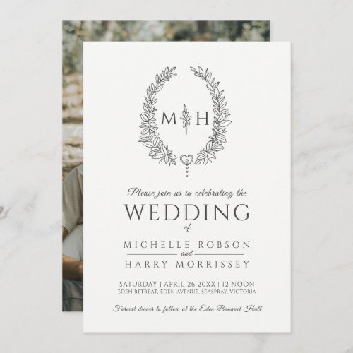 Leaf oval wreath wedding charcoal gray white photo invitation