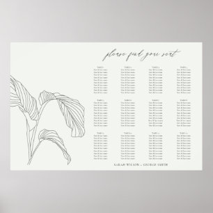 Leaf Palm Sketch Black White Wedding Seating Chart